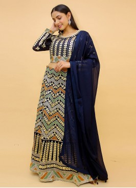 Navy Blue Foil Print Readymade Lehenga Choli