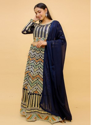 Navy Blue Foil Print Readymade Lehenga Choli