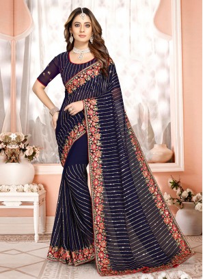 Navy Blue Georgette Engagement Classic Designer Saree