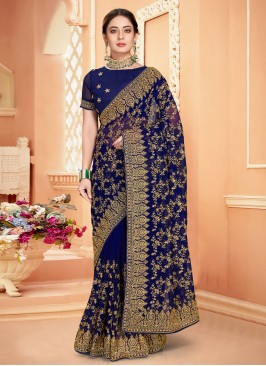 Navy Blue Georgette Resham Saree