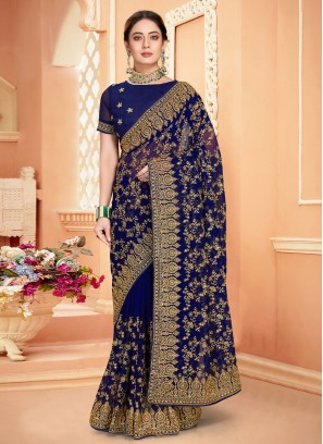 Navy Blue Georgette Resham Saree