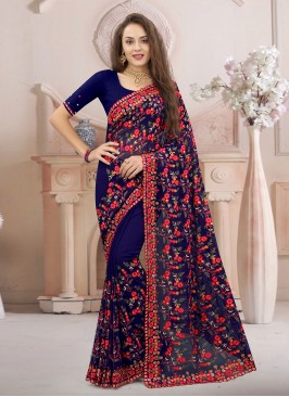 Navy Blue Georgette Resham Traditional Saree