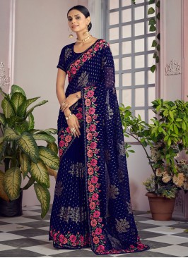 Navy Blue Georgette Sequins Classic Saree