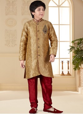 Dark Gold Jacquard Indo Western Suit for Boys.