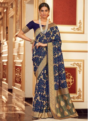 Navy Blue Jacquard Work Chiffon Saree