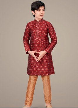 Marron jaquard Indo Western Suit for Boys.