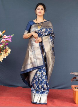 Navy Blue Mehndi Banarasi Silk Saree