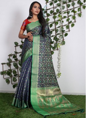 Navy Blue Mehndi Pure Silk Contemporary Style Saree
