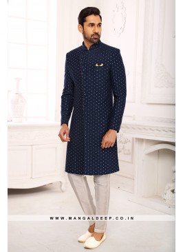 Navy Blue Navabi Indo Western Embroidered Art Banarasi Silk Sherwani with Art Silk Aligadhi Bottom.