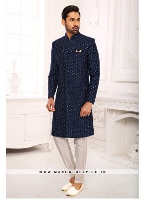 Navy Blue Navabi Indo Western Embroidered Art Banarasi Silk Sherwani with Art Silk Aligadhi Bottom.