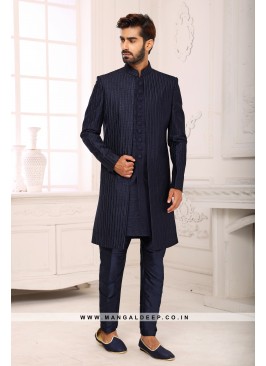 Navy Blue Navabi Indo Western Embroidered Art Banarasi Silk Sherwani with Art Silk Aligadhi Bottom.