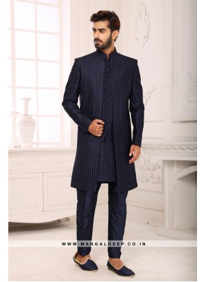 Navy Blue Navabi Indo Western Embroidered Art Banarasi Silk Sherwani with Art Silk Aligadhi Bottom.