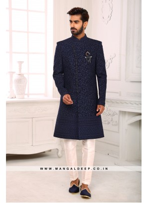 Navy Blue Navabi Indo Western Embroidered Georgette Sherwani with Art Silk Aligadhi Bottom.