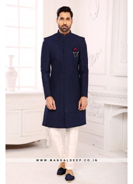 Navy Blue Navabi Indo Western Embroidered Georgette Sherwani with Art Silk Aligadhi Bottom.