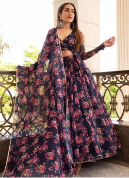 Navy Blue Organza A Line Lehenga Choli