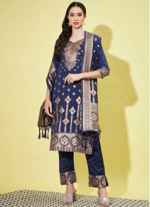 Navy Blue Party Cotton Silk Designer Salwar Kameez