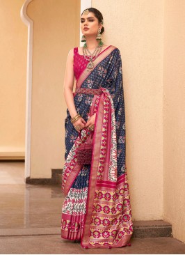 Navy Blue Patola Print Contemporary Saree