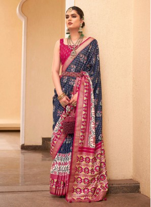 Navy Blue Patola Print Contemporary Saree