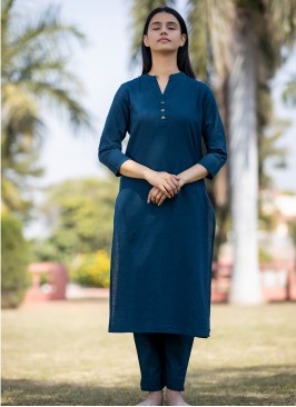 Navy Blue Plain Cotton Party Wear Kurti