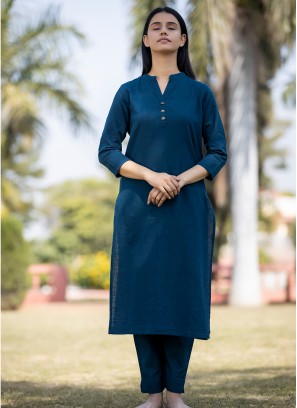 Navy Blue Plain Cotton Party Wear Kurti