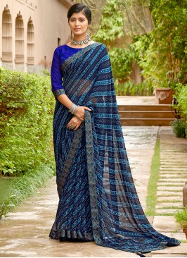 Navy Blue Printed Bandhani Saree