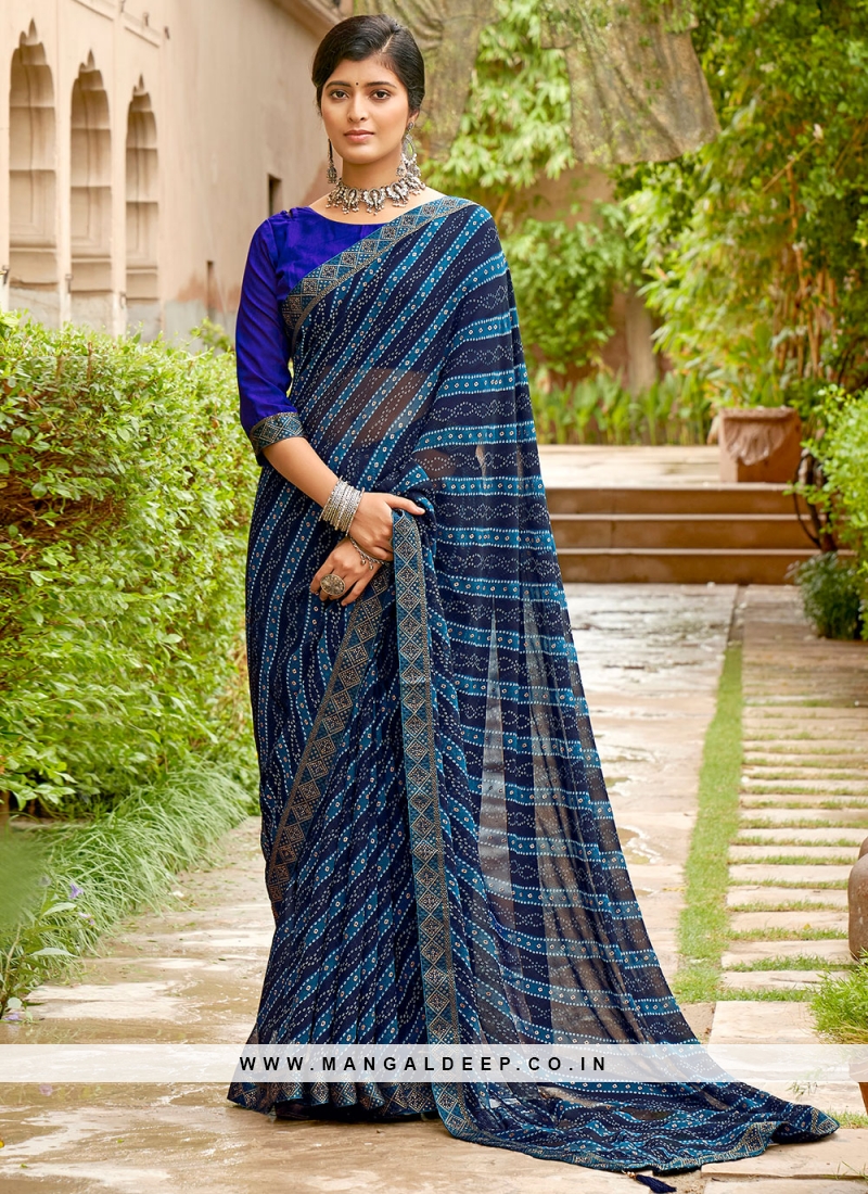 Navy Blue Printed Bandhani Saree