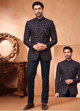 Navy Blue Reception Velvet Jodhpuri Jacket