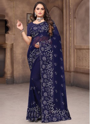 Navy Blue Resham Georgette Trendy Saree