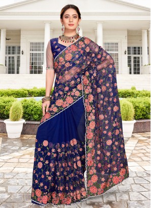 Navy Blue Resham Net Classic Saree