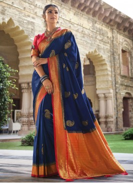 Navy Blue Satin Silk Engagement Contemporary Style Saree