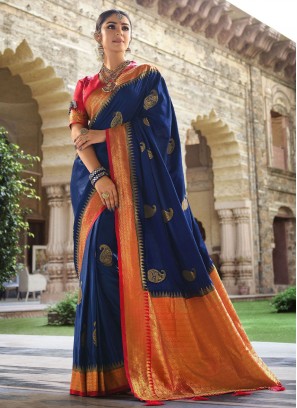 Navy Blue Satin Silk Engagement Contemporary Style Saree
