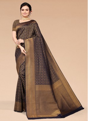 Navy Blue Silk Blend Classic Saree
