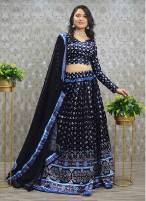 Navy Blue Silk Digital Print Trendy Lehenga Choli