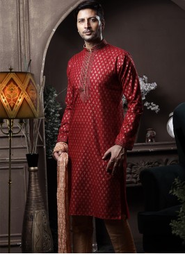 Marron Silk Kurta Pajama with Chikoo ArtSilk Trous