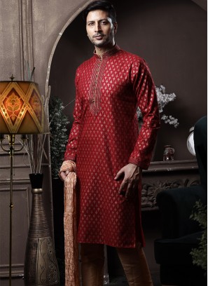 Marron Silk Kurta Pajama with Chikoo ArtSilk Trouser.