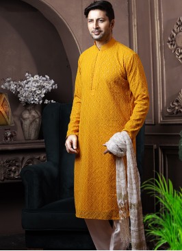 Mustard Silk Kurta Pajama with Off-White ArtSilk Trouser.