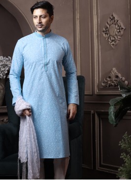 Sky Blue Silk Kurta Pajama with Off-White ArtSilk 