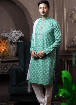 Pastel Green Silk Kurta Pajama with Off-White ArtSilk Trouser.