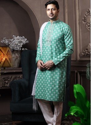 Pastel Green Silk Kurta Pajama with Off-White ArtSilk Trouser.