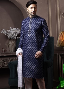 Navy Blue Silk Kurta Pajama with Off-White ArtSilk