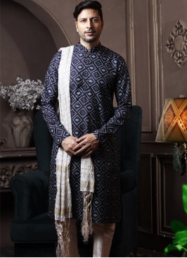 Navy Blue Silk Kurta Pajama with Off-White ArtSilk Trouser.