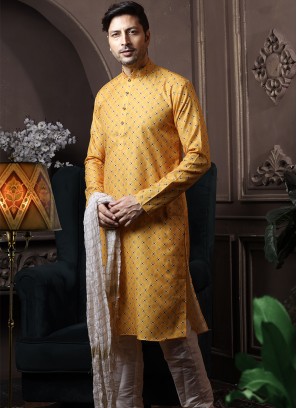 Yellow Silk Kurta Pajama with Off-White ArtSilk Trouser.