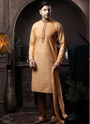 Peach Silk Kurta Pajama with Marron ArtSilk Trouser.