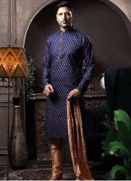 Navy Blue Silk Kurta Pajama with Chikoo ArtSilk Tr