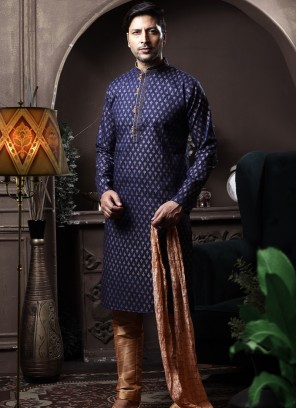 Navy Blue Silk Kurta Pajama with Chikoo ArtSilk Trouser.