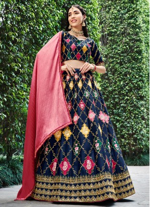 Navy Blue Thread Engagement Trendy Lehenga Choli