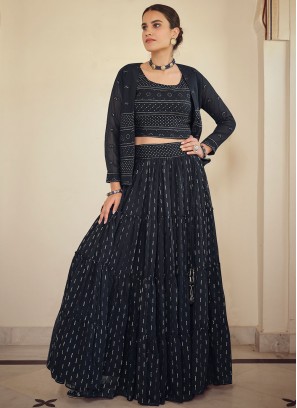 Navy Blue Thread Faux Georgette Lehenga Choli