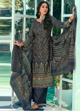 Navy Blue Thread Work Blended Cotton Salwar Suit