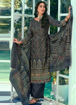 Navy Blue Thread Work Blended Cotton Salwar Suit