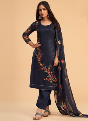 Navy Blue Thread Work Georgette Pant Style Suit